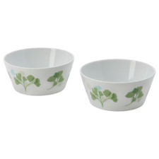 IKEA Stilenlig Set/2 Bowls White w/ Green Leaf Pattern Feldspar Porcelain 5"