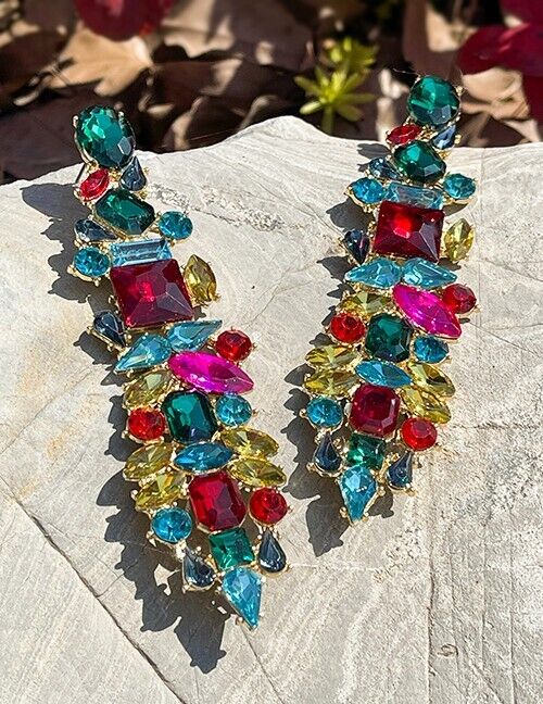Long Multi Color Green Red Blue Pink Earrings Big Rhinestone Crystal  Pageant | eBay