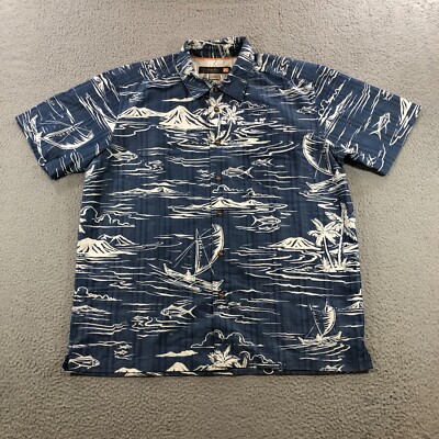 quick silver waterman shirt mens L blue hawaiian island palm tree  relaxed fit