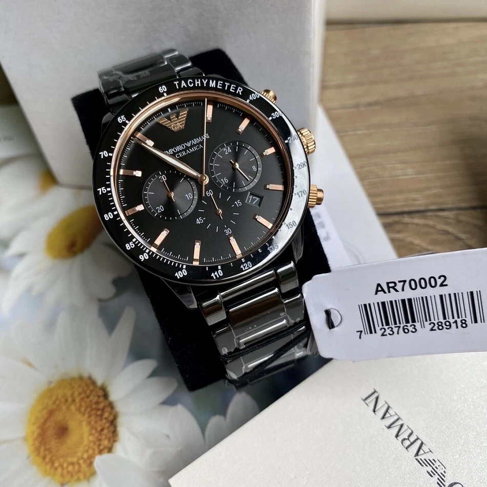 NEW AUTHENTIC EMPORIO ARMANI AR70002 MENS CERAMIC WATCH BLACK