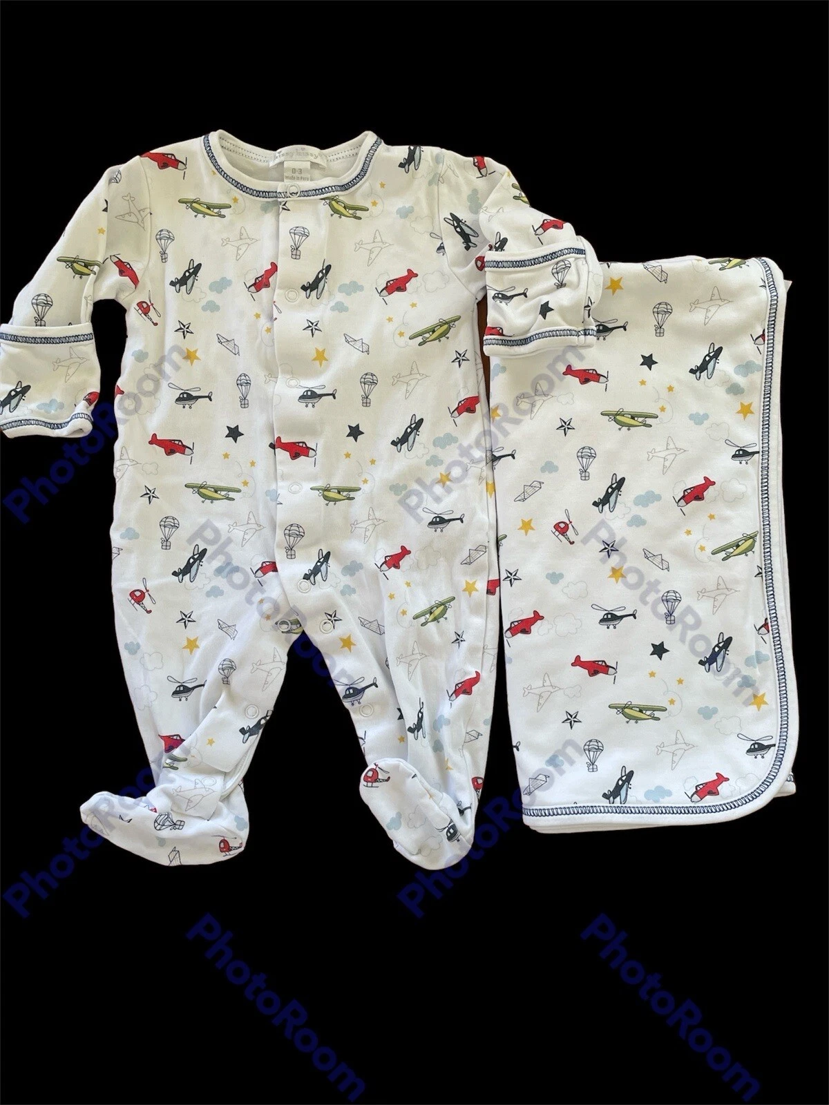 Kissy Kissy EUC White/Blue/Red Airplanes 100% Pima Cotton Blanket & Footie-0-3Mo