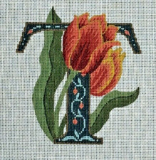 Letter T Orange Tulip 1050 Floral Handpainted Needlepoint Canvas Design LEE 18ct