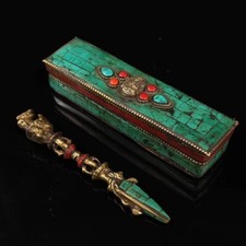 Collection of Antiques of Bronze Inlaid Colored Stones and Painted Vajra Pestle