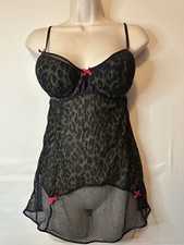 Victorias Secret 36C Lace babydoll black leopard mesh Vtg