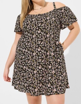 Torrid Women's Plus 4 4X 26 Black Mini Challis Cold Shoulder Trapeze Dress New