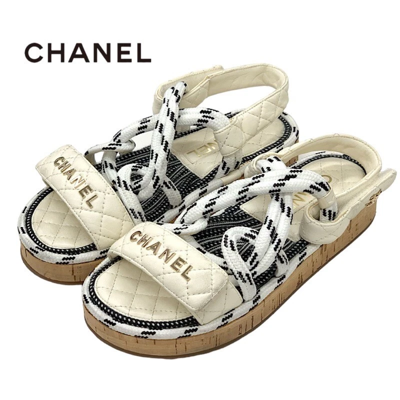 Chanel Chain Strap Sandals US 6.5 EU 37.5 White Silver Coco Mark Wedge  Women's