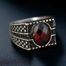 Garnet Gemstone With 925 Sterling Silver Ring For Men's AL742
