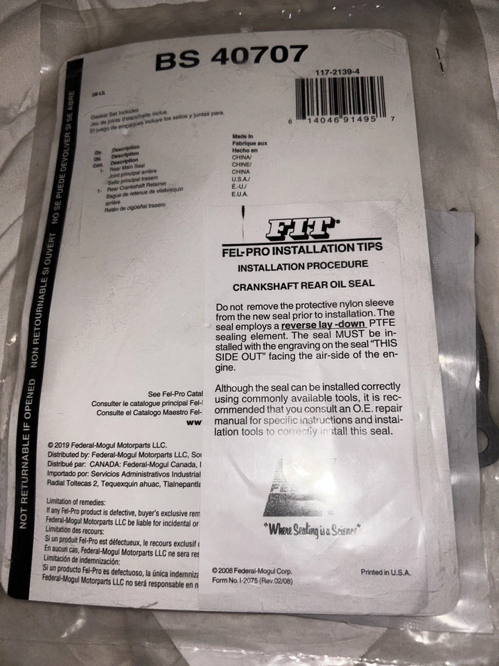 Juego de juntas de cigüeñal trasero BS 40707 Felpro para camioneta Chevy SaVana Express GMC 1500 Foto 2 de 2