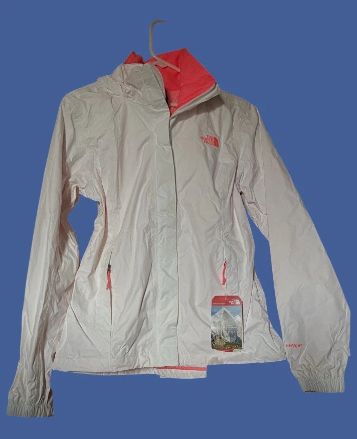 The North Face Women's S Hooded Resolve Hyvent Jacket Sugary Pink White NWT