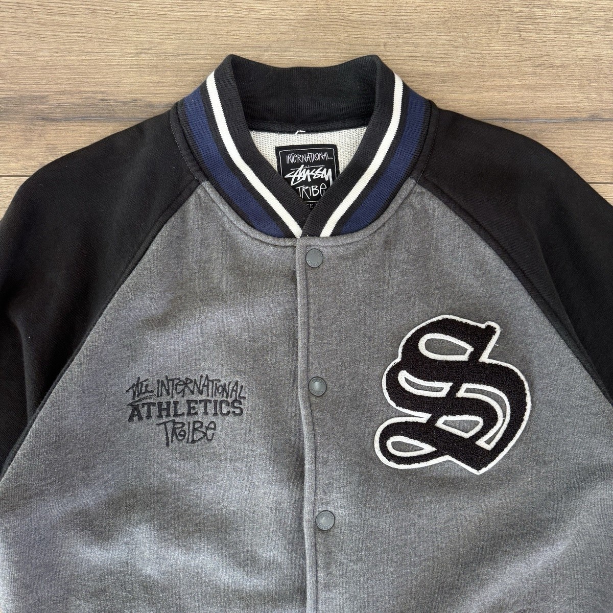 Stussy International Tribe Varsity Jacket Gray Black Embroidered
