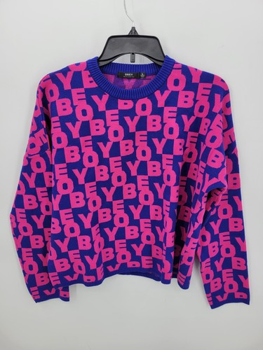 Obey Sweater Womens Small Blue Pink Stacked Logo Crew Neck Streetwear Colorful