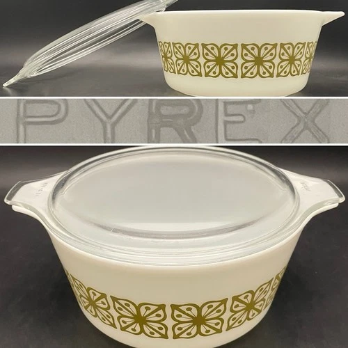 Pyrex Autumn Floral (Verde) 474 Covered Casserole Bowl 1967 Made in USA 1.5quart