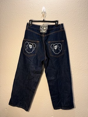 A Bathing Ape BAPE KAWS Men's Blue Cotton Denim Jeans Embroidered Logo 5-Pocket