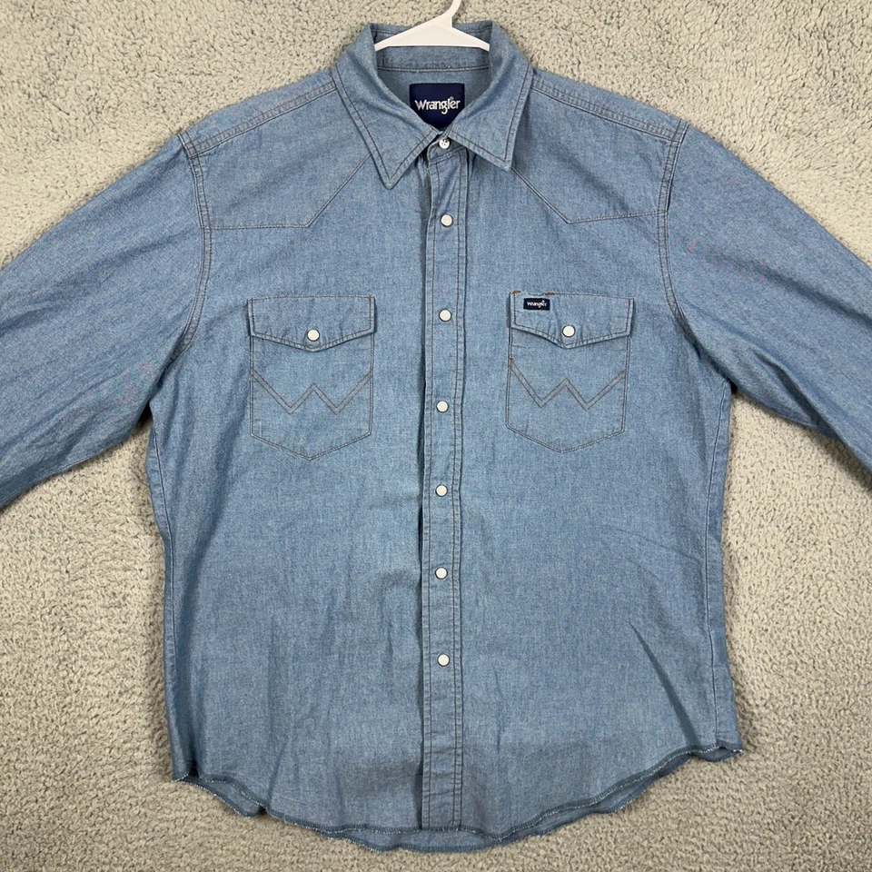 Camisa Wrangler Denim Abotonada Para Hombres Grande Azul Perla Occidental Bolsillo con Solapa a Presión Foto 3 de 4