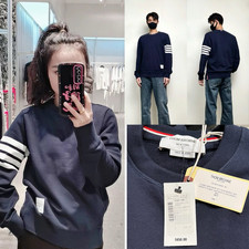 Thom Browne Navy Cotton Crewneck Sweater 4-Bar Striped Sleeve Size 1
