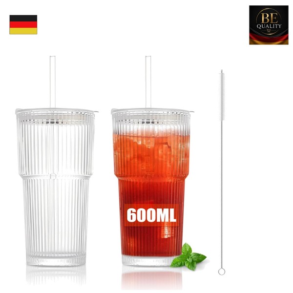Gigmeta 2Er Set Glasbecher 600ML Mit Deckel Strohhalm ReinigungsbüRste-image