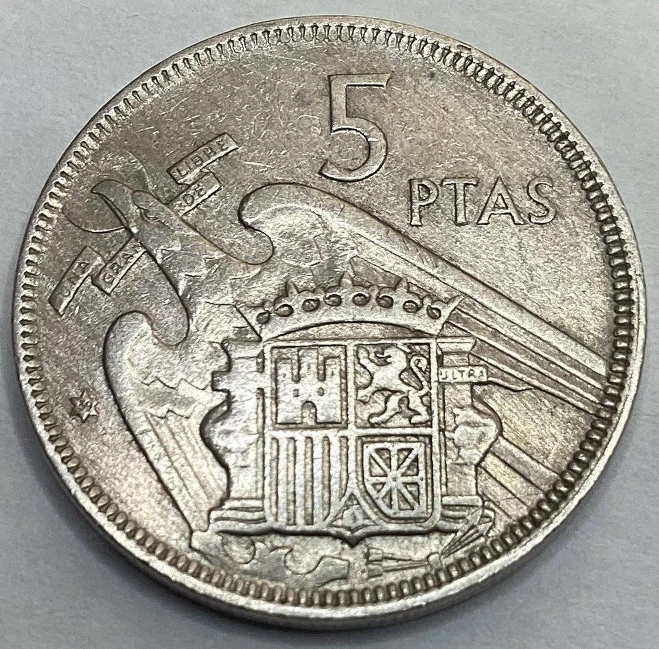 SPAIN 1957(63)  5 Pesetas Francisco Franco Caudillo Cu/Ni  Key Date Coin  KM 786 - Image 2 of 2