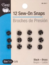 Dritz 80-30-1 Black Sew-On Snaps-Size 3/0 12/Pkg