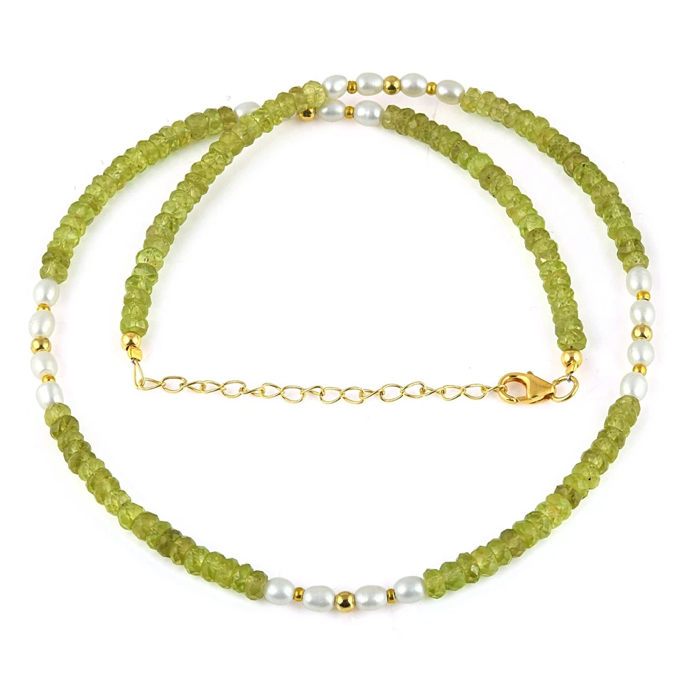 Natural Facetado Verde Peridoto y Perla Rondana Cuentas Plata Cadena 18" Collar - Imagen 4 de 4