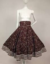 ATOMIC PRINT VINTAGE 1950  S COTTON SKIRT W RUCHED BELTING  RICK RACK EDGING