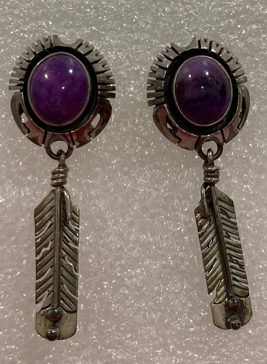 Incredible Vintage Native American Navajo Sugulite Steling Silver Earrings Incredible Vintage Native American Navajo Sugulite Steling Silver Earrings