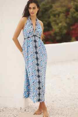 By Anthropologie XL NWT Halter Cutout Midi Dress Maxi Blue Seashells Shell  Print | eBay