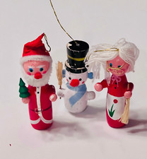 Vintage Ornaments Set Santa Mrs Claus Snowman Christmas Wooden