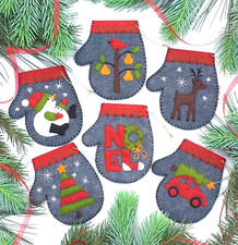Charcoal Mittens Kit Christmas 6 Ornaments Wool Felt