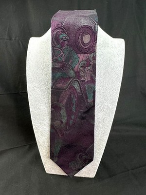 Vintage Padini Uomo Italian Silk Tie Art Deco Motoring Tennis Scene Purple