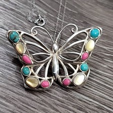 925 Sterling Silver Beautiful Gemstone Butterfly Pendant Necklace 18"