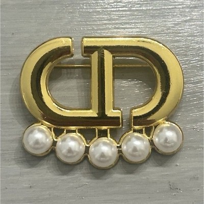 Gold Tone CD Logo Brooch Pin Faux White Pearls 