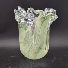 Rare Vintage Murano Green Swirl Ruffled Vase 5" with sticker