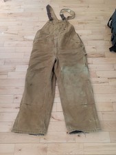 Vtg Carhartt Brown Duck Bib Overalls 44x30 Unlined Double Knee Sunfaded Distress