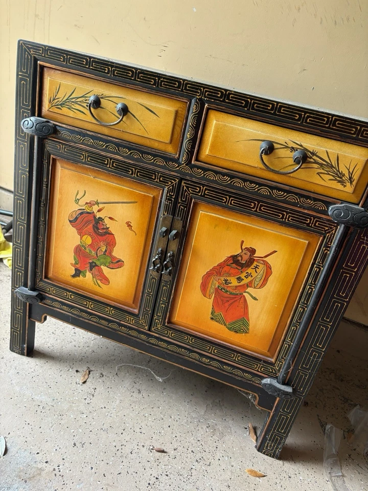 Vintage Chinese Chinoiserie Hand Painted Black Lacquered Cabinet - Image 3 of 4