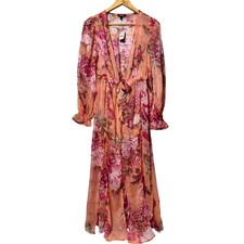 Express Floral Maxi kim Peach Pink Gold Foil Dot V-Neck Long Sleeve XS NEW