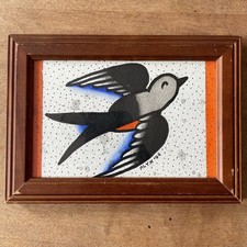 Original Traditional Tattoo Flash Art Color Painted Sparrow Classic Framed 4x6"