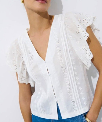 Mohito White Cotton Eyelet Lace V-Neck Puff Sleeve Button Blouse, Size M
