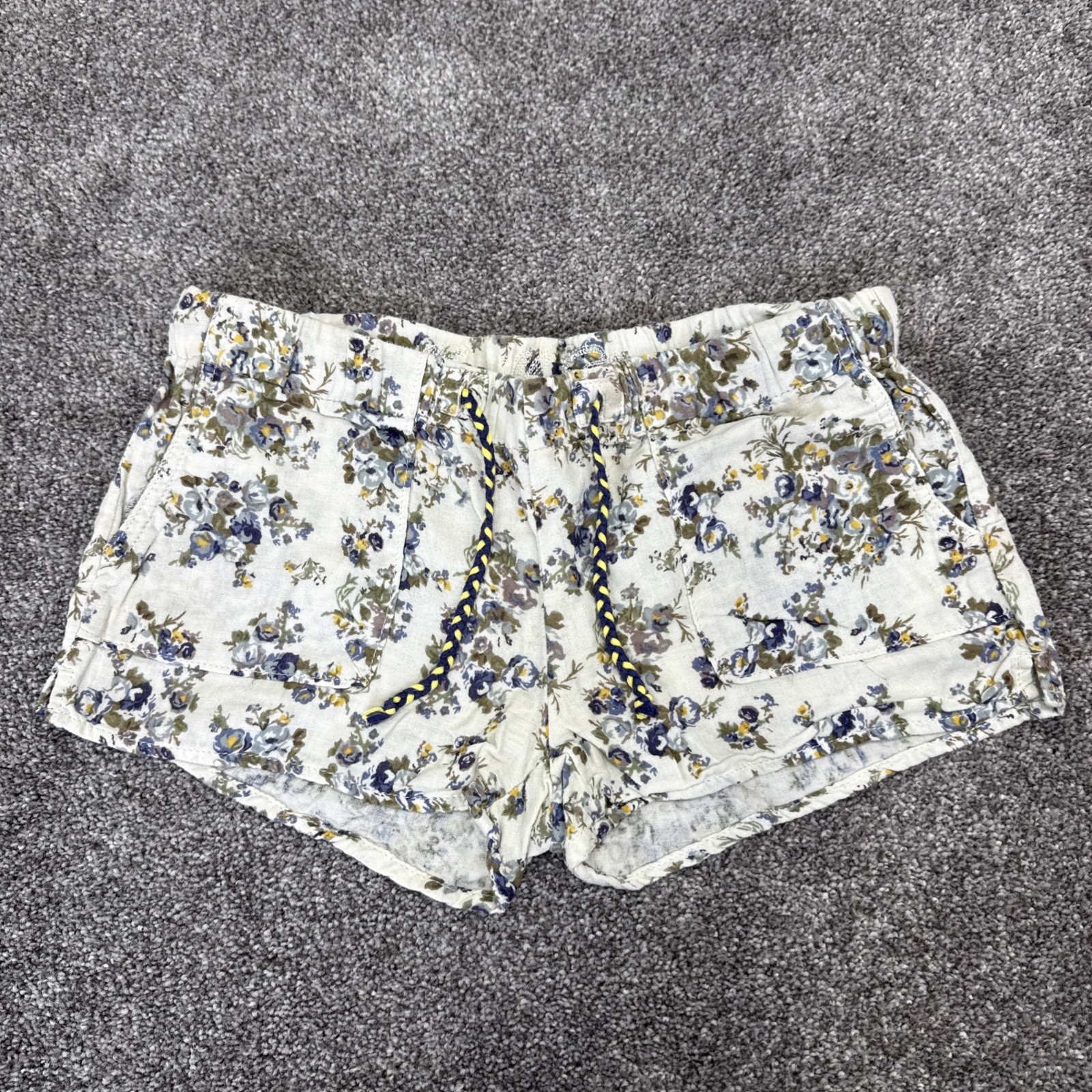 Vanilla Star Womens Floral Cotton Shorts Navy Blue Multi Elastic Waist Medium