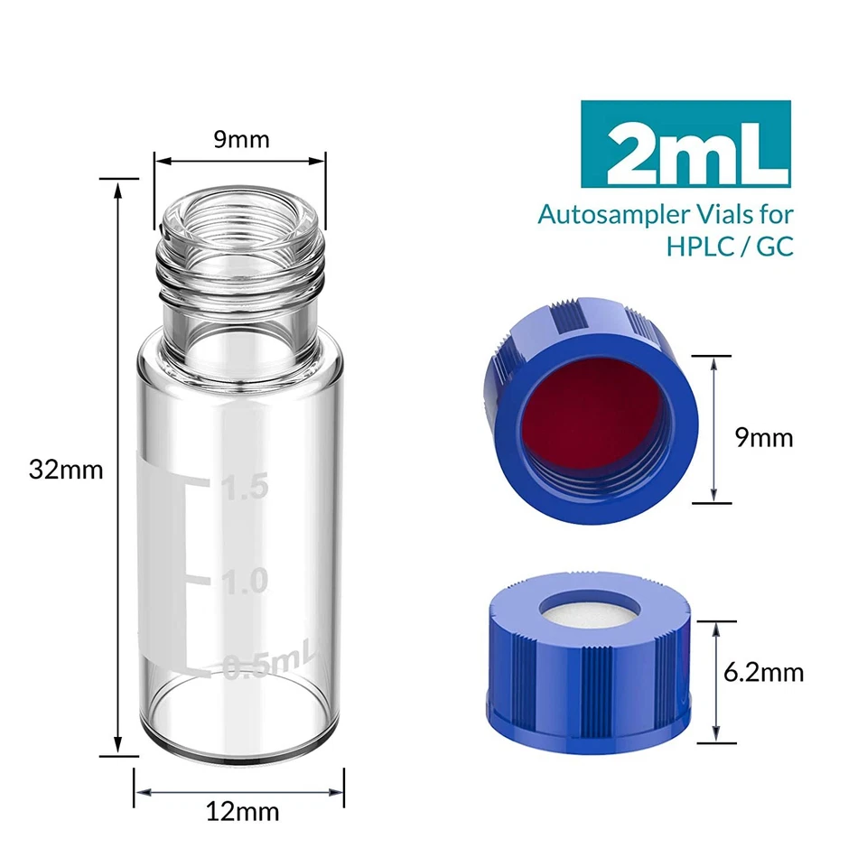 2ml 9mm HPLC Vial, Clear Autosampler Vial,Sample Bottle 9-425 Screw Cap Red PTFE - Image 2 of 4
