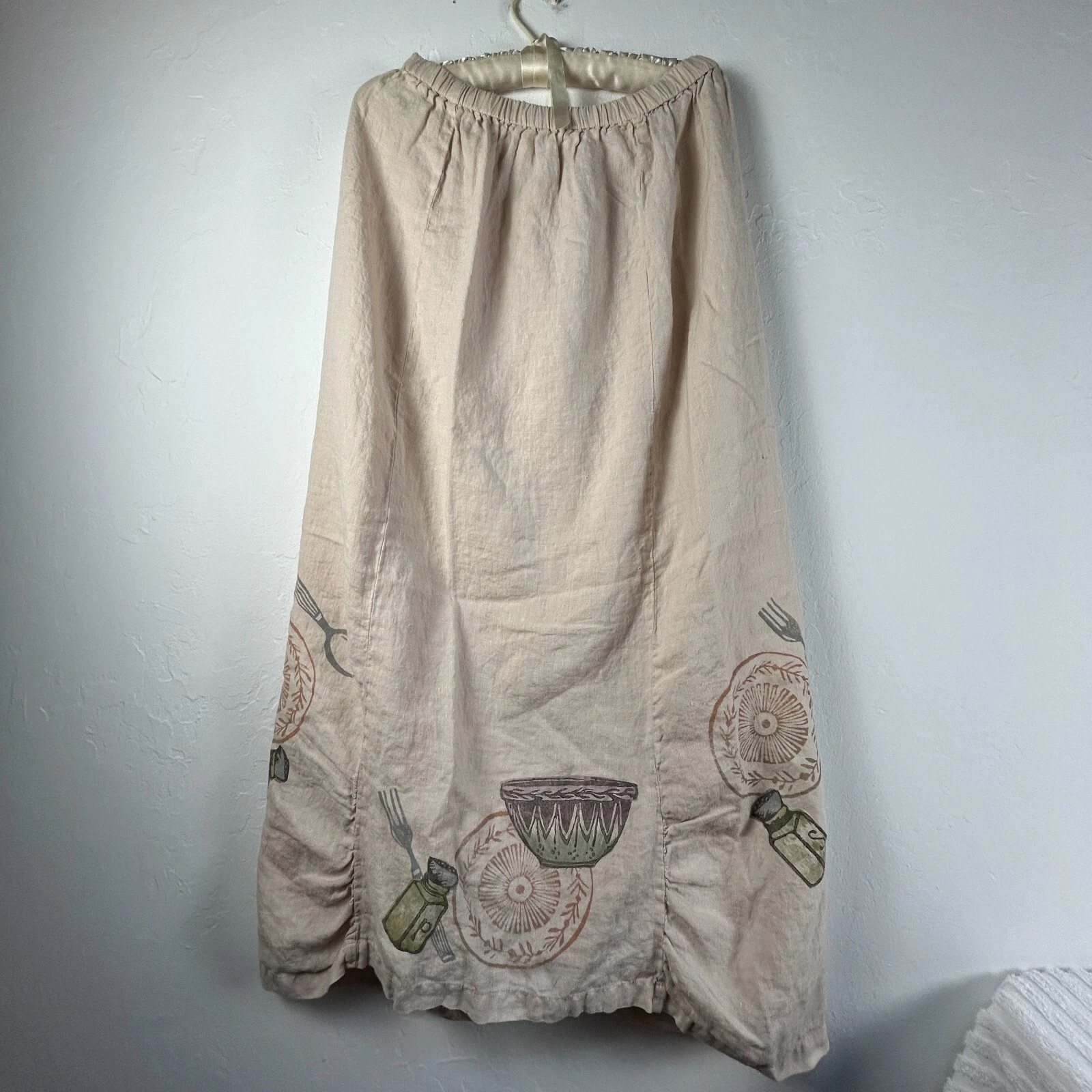 Vintage Blue Fish Womens Straight Maxi Skirt Cream Elastic Waist Linen Size 1