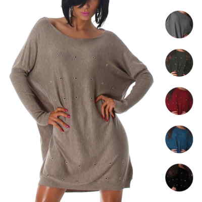 Damen Oversize Pullover Nieten weit Longpulli Fledermausärmel 36 38