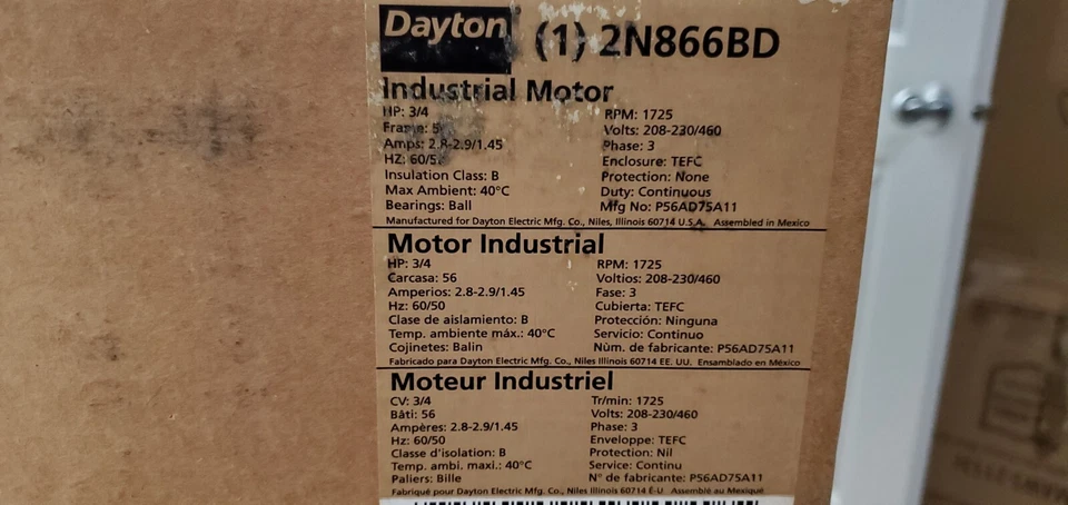 NEW Dayton Ind Motor 2N866BD,3PH,3/4HP,RPM 1725,208-230/460VOLT,2.8-2.9/1.45 AMP - Image 3 of 3