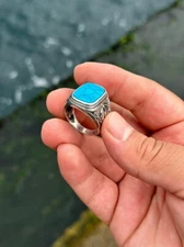 925 Sterling Silver Mens Turquoise Ring, Turquoise Stone Vintage Turkish Ring