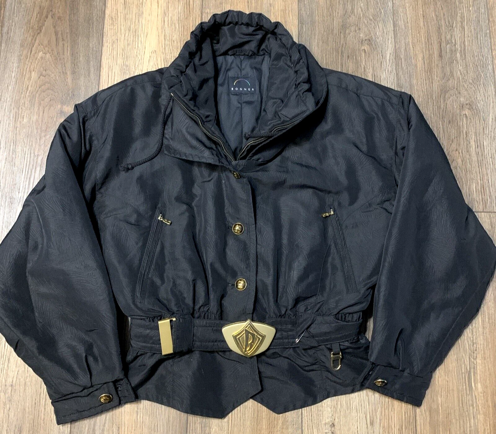 VTG Bogner Ski Jacket Womens 12 Layerlite Black Gold Belted Retro Snow Bunny Lux