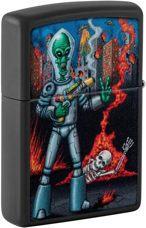 Zippo Web Debut Design Alien Invasion Both Sides Black Matte Color Image 46250