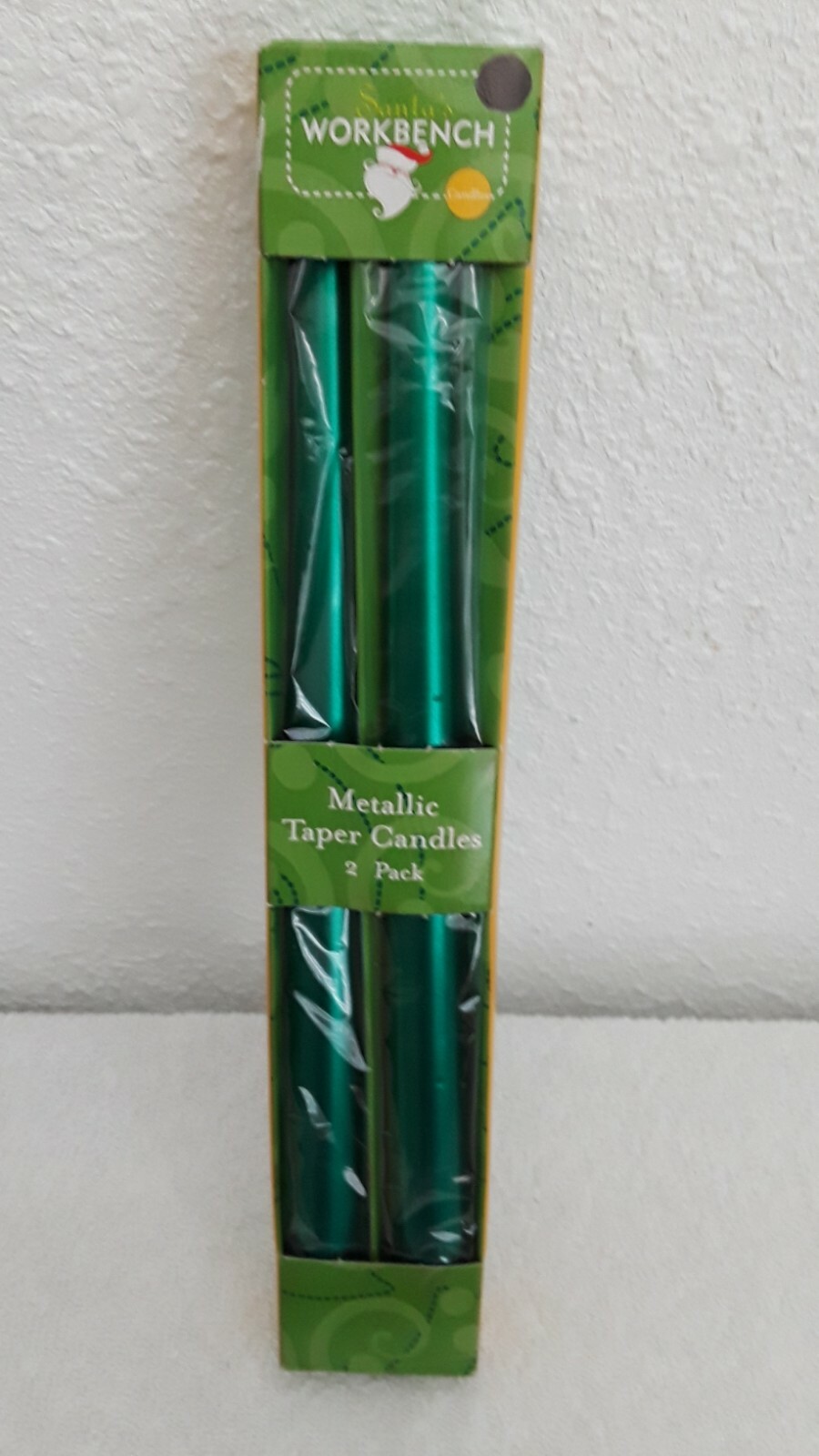 Vintage 2002 Santas Workbench Green Metallic 12"Taper Candles HONG KONG
