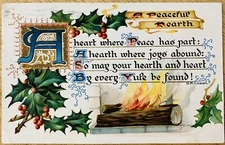 CHRISTMAS PC. C.1908 (A63)~HOLLY BERRIES AND YULE LOG ON FIRE