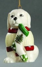 SPODE CHRISTMAS TREE PUPPY DOG WITH STOCKING ORNAMENT NIB