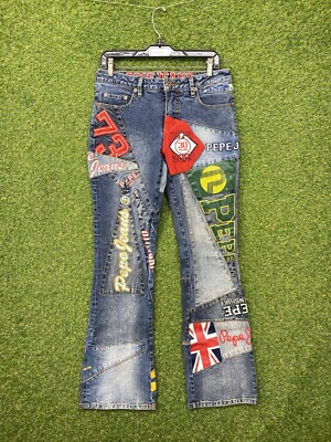 Vintage Pepe Jeans Womens 29 Flared Bootcut Jeans Y2K London Sports Hockey AOP