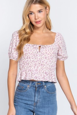ACTIVE BASIC Short Slv Shirring Print Woven Top